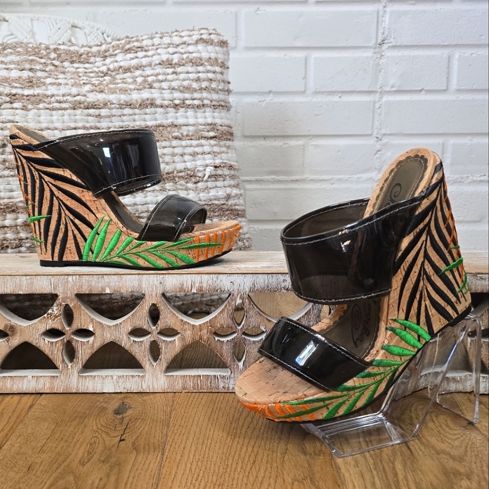naughty monkey Black Patent Cork Wedge Sandals with Green and Orange Leaf Detail